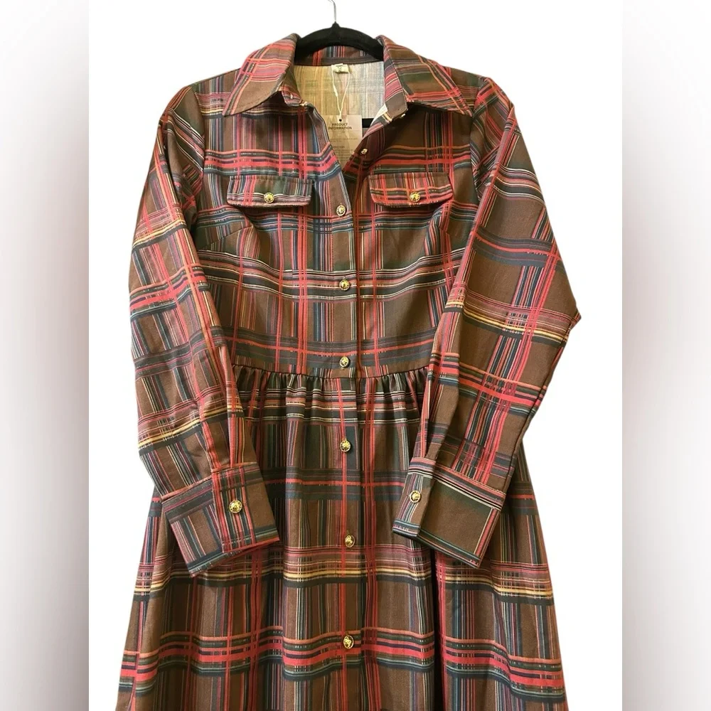Oyrosy Retro Ethnic Style Lapel Reddish Brown Plaid Maxi Dress size S - Picture 7 of 11